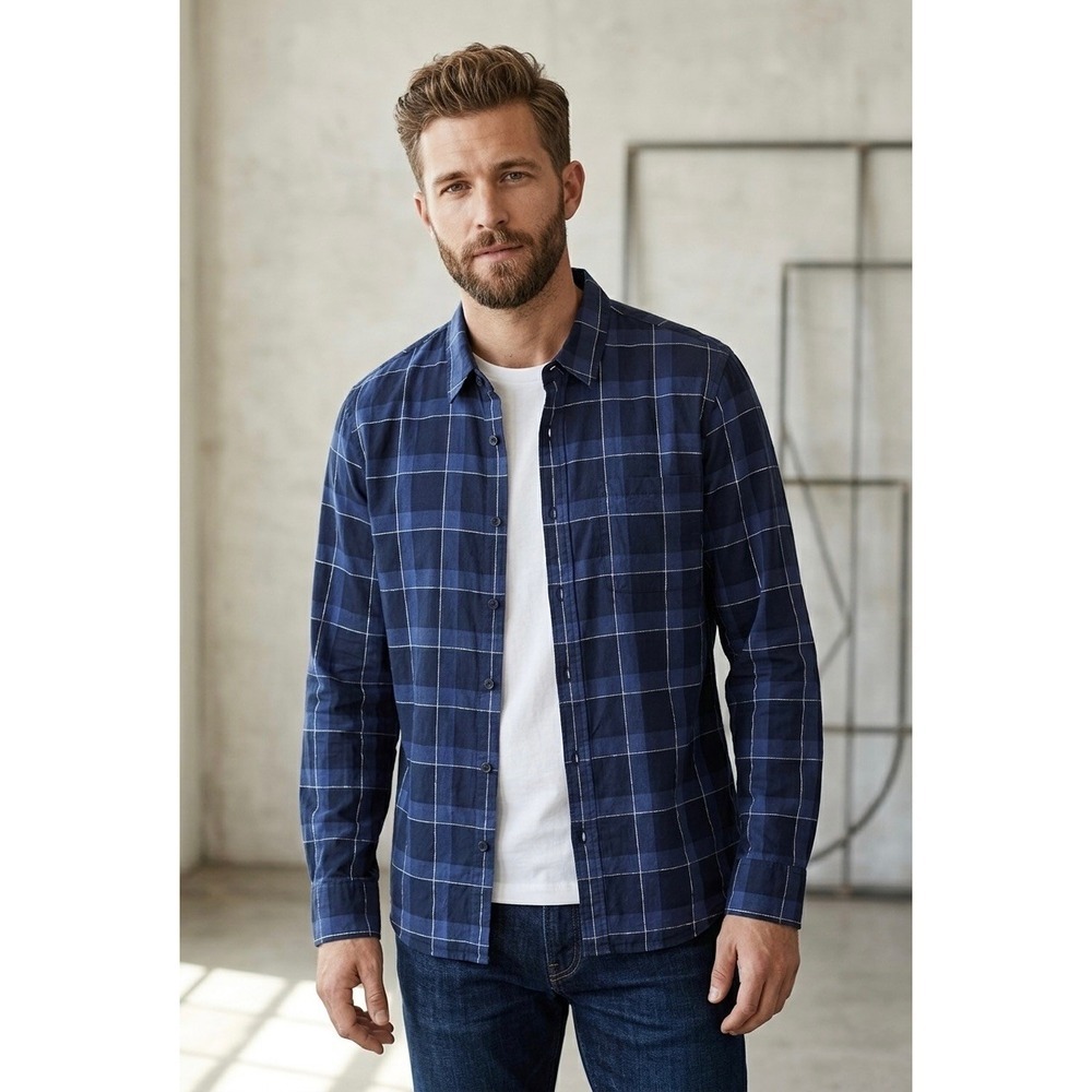 FRAME Classic Namu Mens Navy Blue Plaid Button Down Shirt LMSH0231 Large